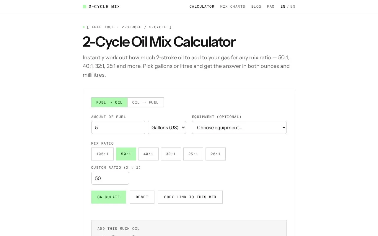2-Cycle Oil Mix Calculator screenshot 1